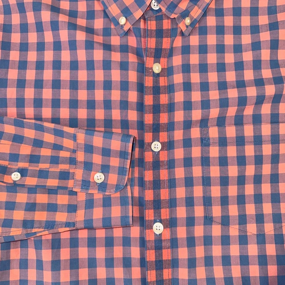 J.Crew Mens Medium Lightweight Cotton Gingham Button Down Shirt Orange Navy Blue